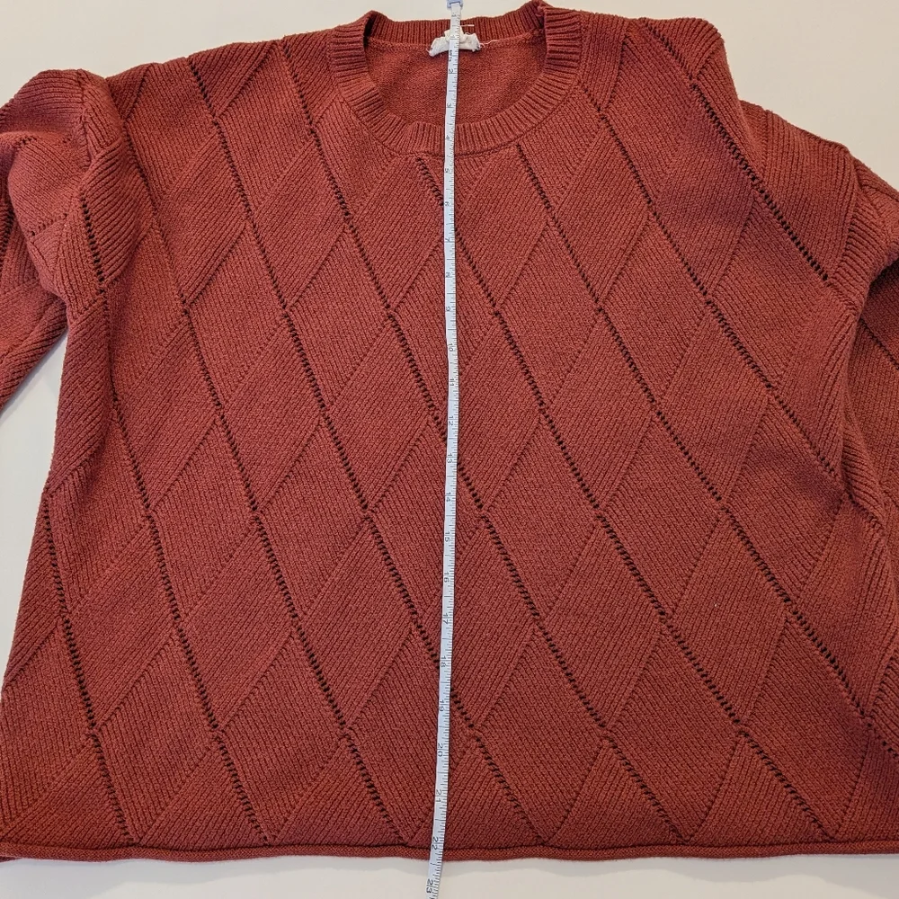Hem & Thread‎ Rust Brown Diamond Pointelle Knit Sweater Crew Neck Large